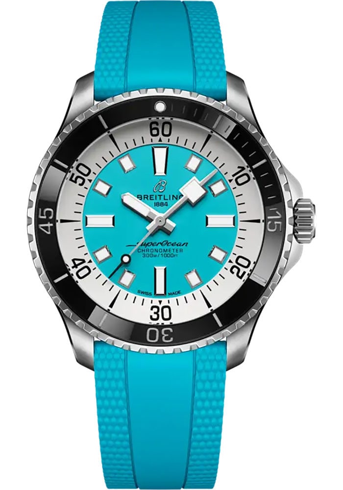 Breitling A17376211L2S2 Superocean Automatic watch turquoise dial rubber strap: Breitling A17376211L2S2 Superocean Automatic watch turquoise dial rubber strap Breitling Superocean Automatic men's watch with a turquoise dial, rotating bezel, and rubber strap. The listing includes 