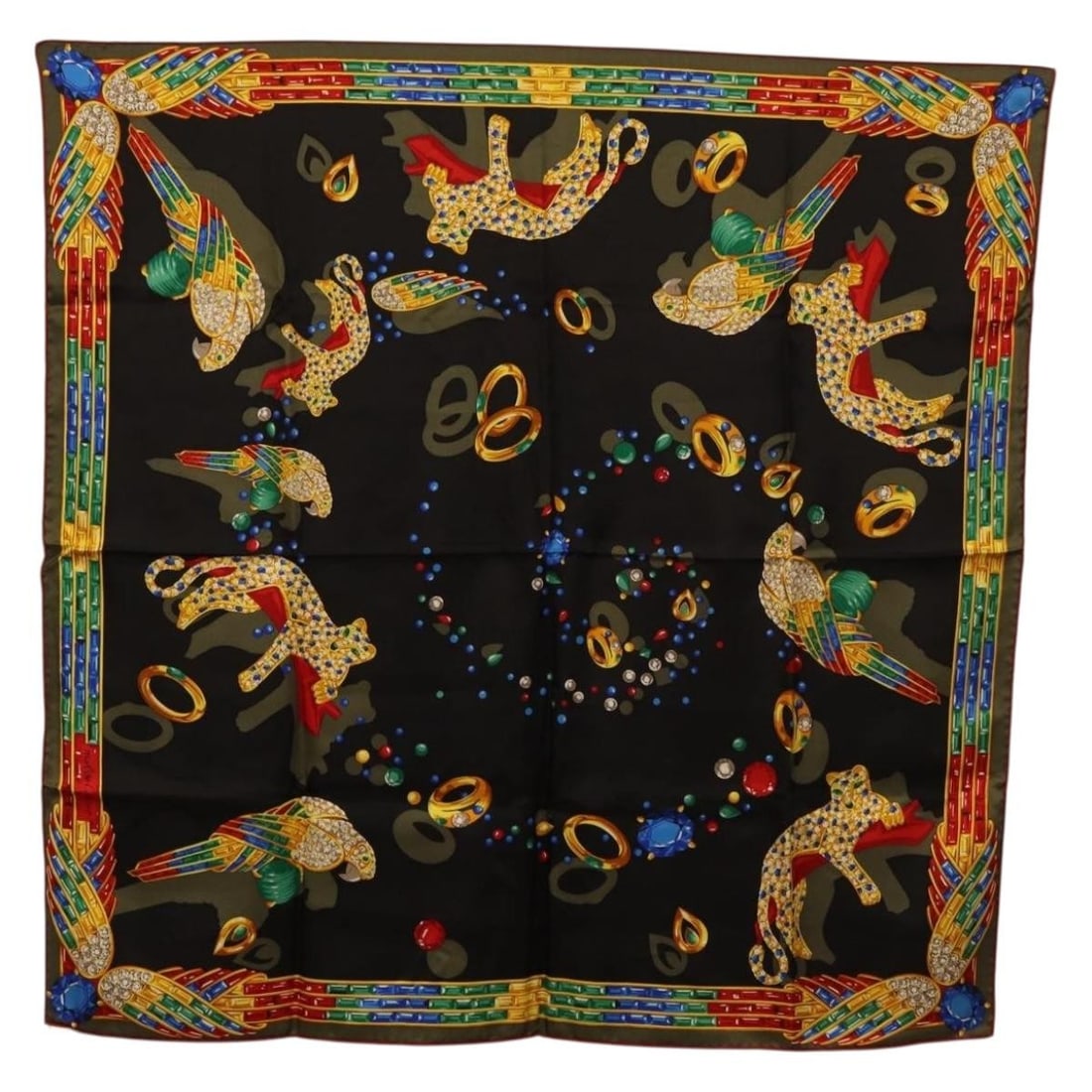 Cartier Black Silk Scarf Made in France 85cm: Cartier Black Silk Scarf Made in France 85cm A Cartier silk scarf in black, made in France. The scarf measures approximately 85 cm x 85 cm (33.5 x 33.5 inches). Condition is rated AB Very Good, with p