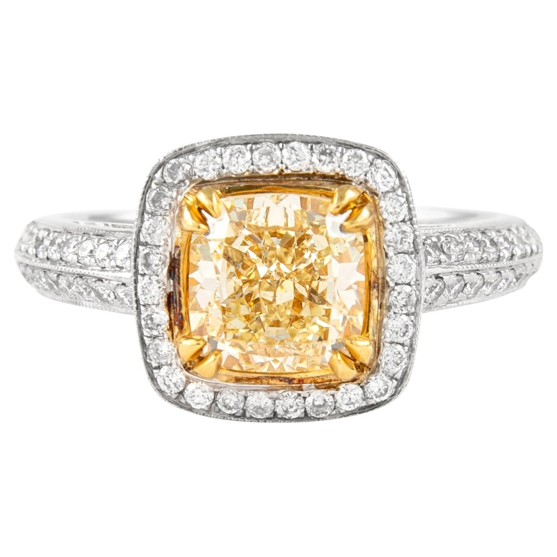 1.73ct Fancy Intense Yellow Diamond Halo Ring EGL Certified 18k: 1.73ct Fancy Intense Yellow Diamond Halo Ring EGL Certified 18k This stunning modern halo ring features a 1.73 ct Fancy Intense Yellow diamond with VS1 clarity, elegantly set in a two-tone 18k white a