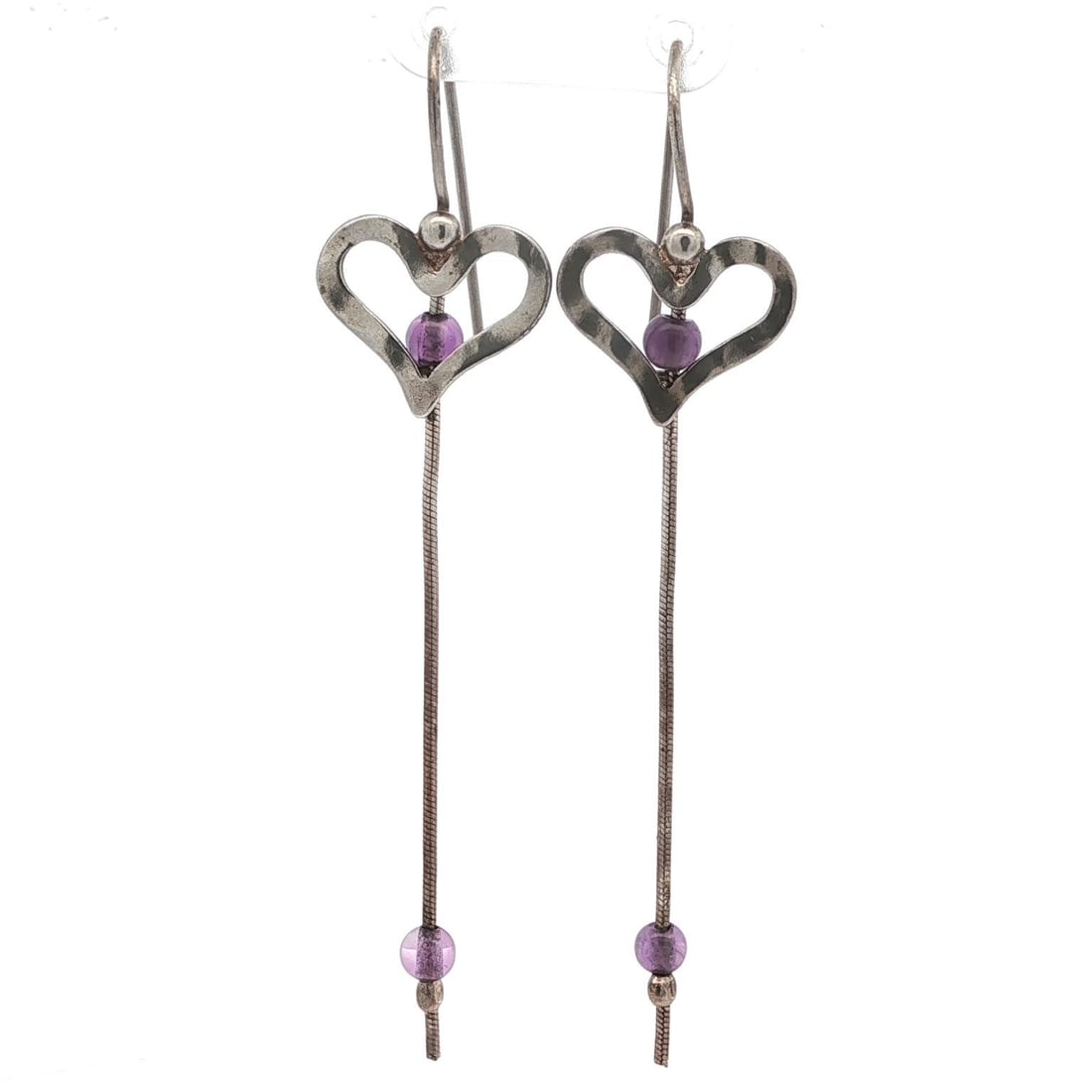 Sterling Silver Long Drop Earrings with Amethyst Heart Detail: Sterling Silver Long Drop Earrings with Amethyst Heart Detail These elegant long drop dangle earrings feature a stunning open heart design, complemented by natural amethyst beads. Crafted from high-qu