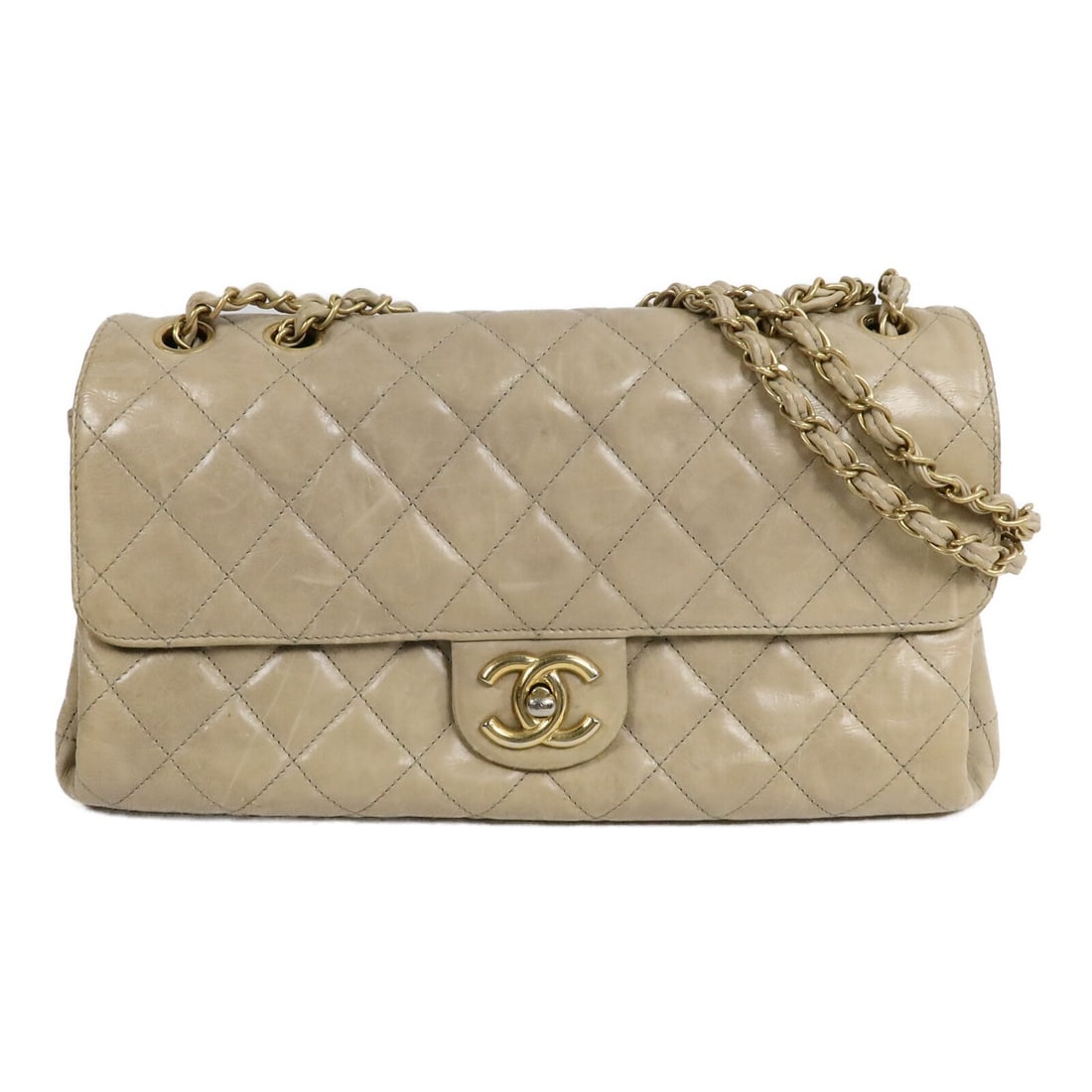 CHANEL CC Beige Calfskin Shoulder Bag with GHW: CHANEL CC Beige Calfskin Shoulder Bag with GHW CHANEL shoulder bag in beige calfskin leather with gold-tone CC hardware. It features a turn-lock closure, one inside zip pocket, and one card pocket. Th