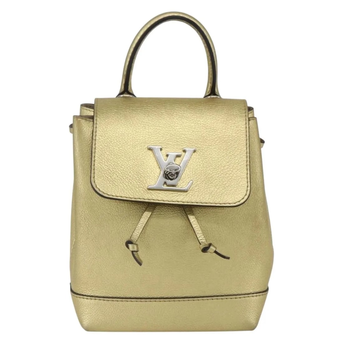 Louis Vuitton Lockme leather backpack gold 15cm x 19cm x 9cm: Louis Vuitton Lockme leather backpack gold 15cm x 19cm x 9cm This Louis Vuitton Lockme Backpack is crafted from leather in a gold color, designed for women. It features a compact silhouette with a top
