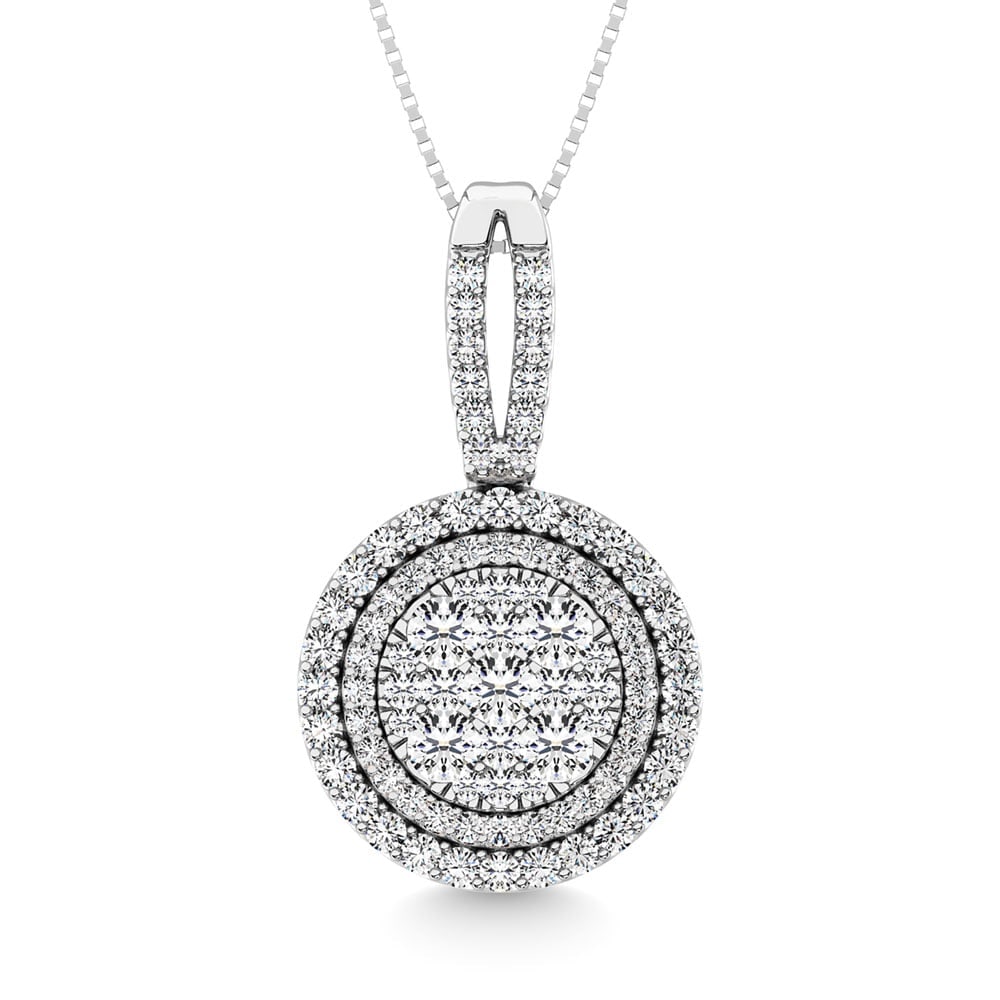 Diamond 1 3/4 Ct.Tw. Oval Shape Cluster Pendant in 14K White Gold: Diamond 1 3/4 Ct.Tw. Oval Shape Cluster Pendant in 14K White Gold 14k White Gold Stone Clarity: Si2 Unless otherwise specified, pendants that include a chain are paired with our standard 18-inch lengt