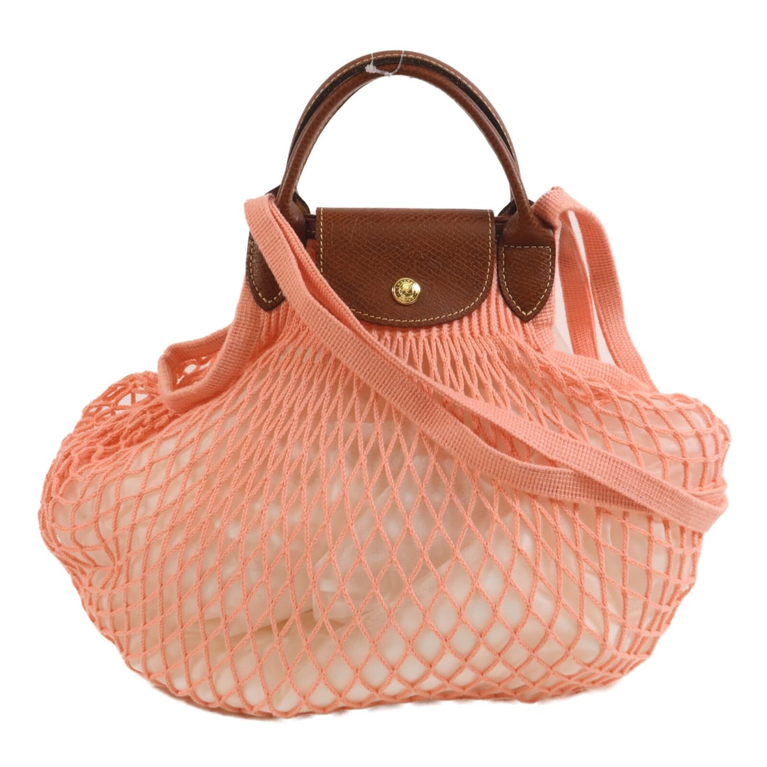 LONGCHAMP Le Pliage Filet L Mesh Shoulder Bag Pink Brown Calfskin Cotton (1 of 14)