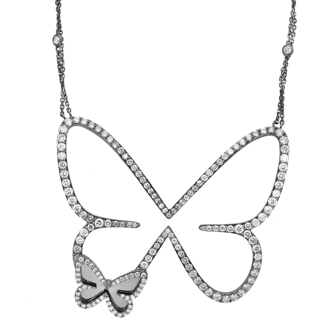 Messika 2.65ct Butterfly Diamond Pendant Necklace 18K Black Gold 25in: Messika 2.65ct Butterfly Diamond Pendant Necklace 18K Black Gold 25in Introducing the exquisite Messika Butterfly Diamond Pendant Chain Necklace, a stunning piece crafted in 18K black gold. This elega