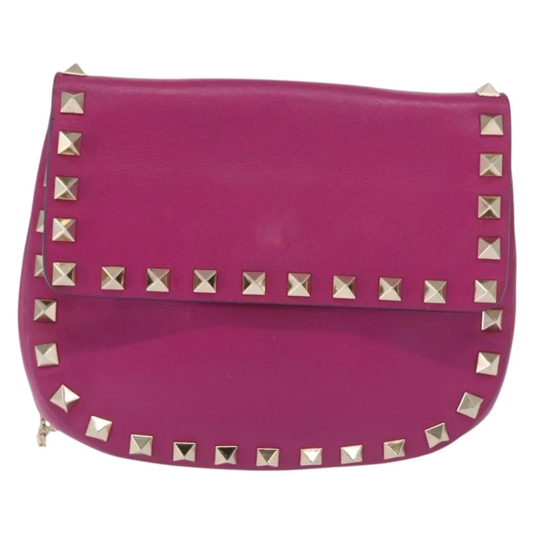 Valentino Garavani Rockstud Saddle pink leather crossbody bag: Valentino Garavani Rockstud Saddle pink leather crossbody bag This Valentino Garavani Rockstud Saddle Crossbody Bag for women features pink leather construction with metal stud accents. The compact de