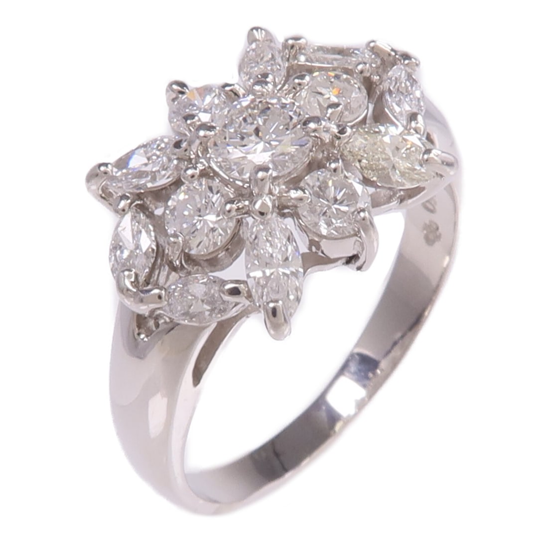 PT850 Platinum Diamond Ring US Size 6.5: PT850 Platinum Diamond Ring US Size 6.5 Diamond ring in PT850 platinum with clear diamonds. The ring is US size 6.5 and features a motif measuring 17 mm x 10 mm. It has a ring width of 2-3 mm and a to