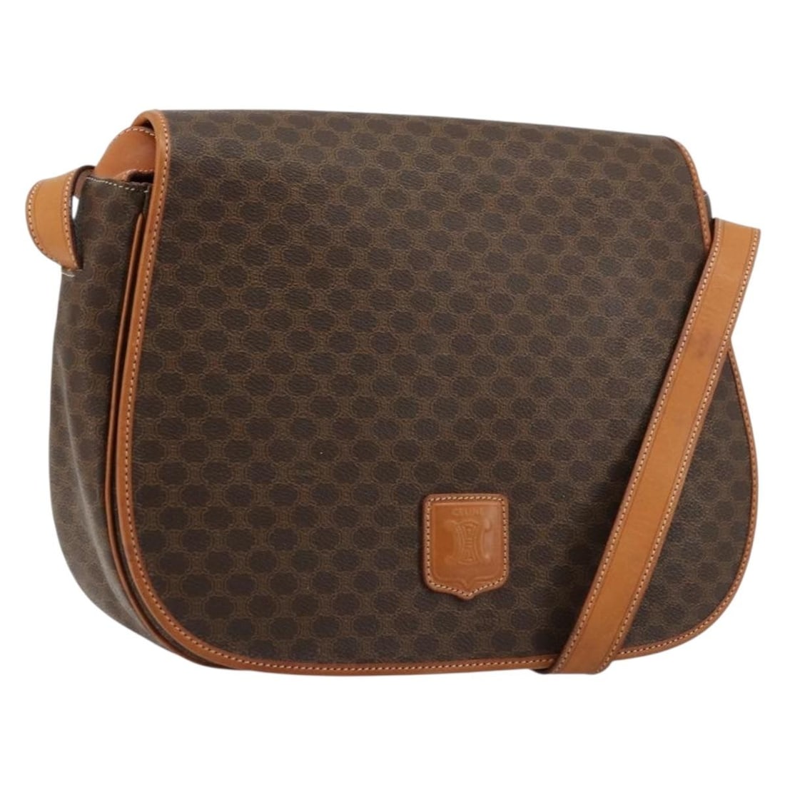 CELINE Macadam Shoulder Bag Brown PVC Leather Gold Tone: CELINE Macadam Shoulder Bag Brown PVC Leather Gold Tone Celine Macadam canvas shoulder bag in brown with gold-tone accents, crafted with PVC leather trim. Made in Italy, this women's shoulder bag show