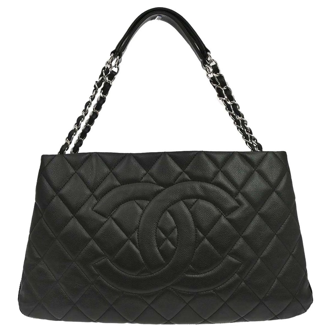 CHANEL Chain Tote Bag Black Caviar Skin Leather Expandable: CHANEL Chain Tote Bag Black Caviar Skin Leather Expandable Black Chanel chain expandable tote bag in caviar skin leather, designed in a medium size with double handles and inner pockets. It is describ