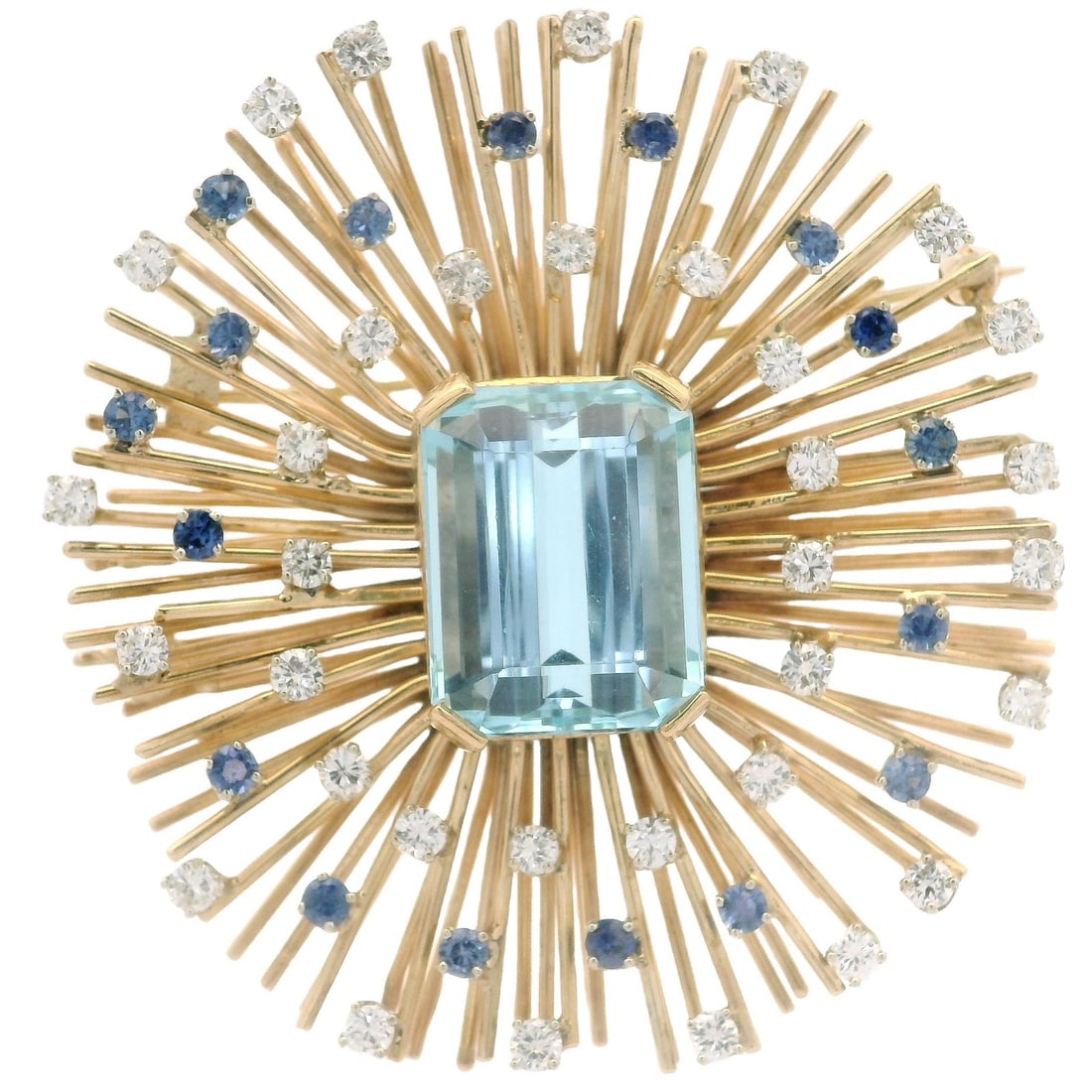 Vintage GIA Certified 24.25ctw Aquamarine Diamond Sapphire Brooch Pendant: Vintage GIA Certified 24.25ctw Aquamarine Diamond Sapphire Brooch Pendant Discover a stunning vintage brooch pendant featuring a captivating design that showcases a natural aquamarine centerpiece, sur