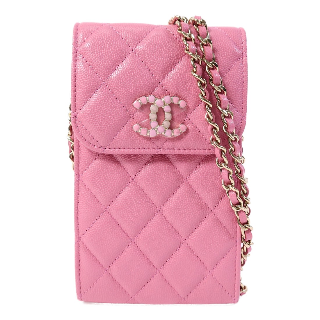 Chanel AP2033 CC Pink Calfskin Chain Shoulder Bag Phone AirPods Case: Chanel AP2033 CC Pink Calfskin Chain Shoulder Bag Phone AirPods Case CHANEL CC Phone And AirPods Case with Chain Shoulder Bag AP2033 in pink calfskin (cowhide). This women's shoulder bag features a ma