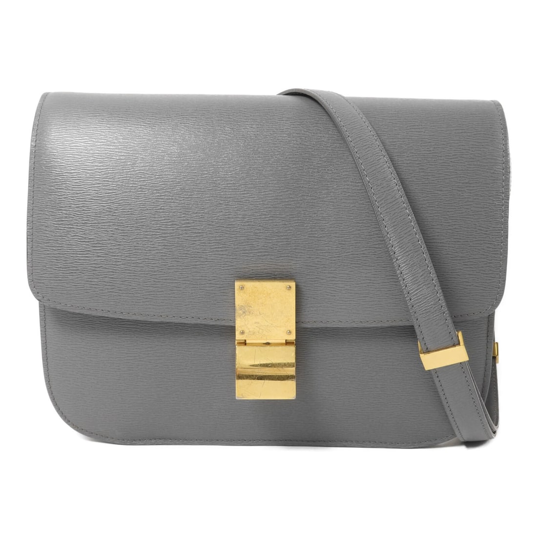 CELINE Classic Box Medium Calfskin Shoulder Bag Gray GHW: CELINE Classic Box Medium Calfskin Shoulder Bag Gray GHW Classic medium shoulder bag in gray calfskin leather with a flap closure. It features an interior with three open pockets and one zip pocket, a