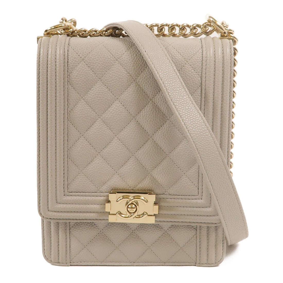 CHANEL Boy North South Shoulder Bag AS0130 Gray Calfskin CC SHW: CHANEL Boy North South Shoulder Bag AS0130 Gray Calfskin CC SHW A CHANEL North South Boy Chain Shoulder Bag in gray calfskin leather with silver-tone hardware. The bag features a flap closure, two ope