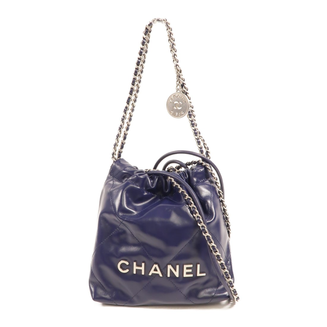 CHANEL Chanel 22 Mini 2Way Shoulder Bag Blue Calfskin AS3980: CHANEL Chanel 22 Mini 2Way Shoulder Bag Blue Calfskin AS3980 CHANEL Chanel 22 Mini 2Way Shoulder Bag in blue calfskin (cowhide) leather. The bag features a 2-way design, an inside card pocket, and com