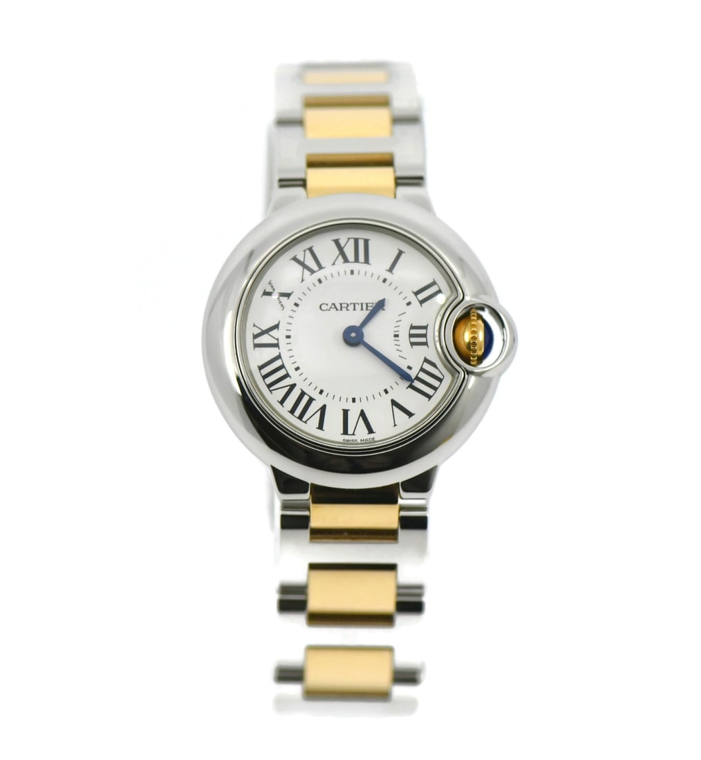 Cartier Ballon Bleu women's quartz wristwatch 18K stainless steel W2BB0010: Cartier Ballon Bleu women's quartz wristwatch 18K stainless steel W2BB0010 Pre-owned Cartier Ballon Bleu wristwatch featuring a round polished stainless steel case, smooth silver bezel, and silver ana