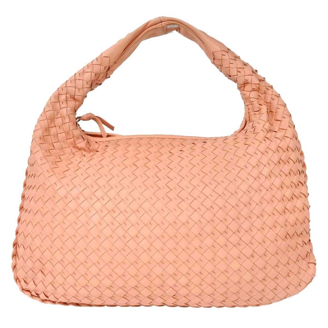 Bottega Veneta Intrecciato Pink Lambskin Hobo Bag 115653: Bottega Veneta Intrecciato Pink Lambskin Hobo Bag 115653 Bottega Veneta Intrecciato hobo handbag in pink lambskin with a beige lining and leather top handle. This medium women's bag features the signa
