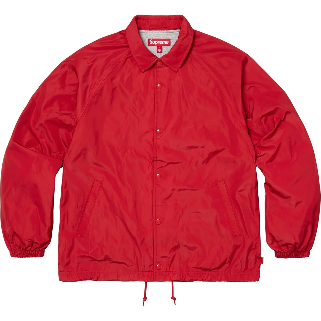 Red Supreme Coaches Jacket with Old English Logo Back Print: Red Supreme Coaches Jacket with Old English Logo Back Print The Supreme Old English Arc Red Coaches Jacket features a bold Old English "Supreme" logo printed across the back. Made from durable nylon w
