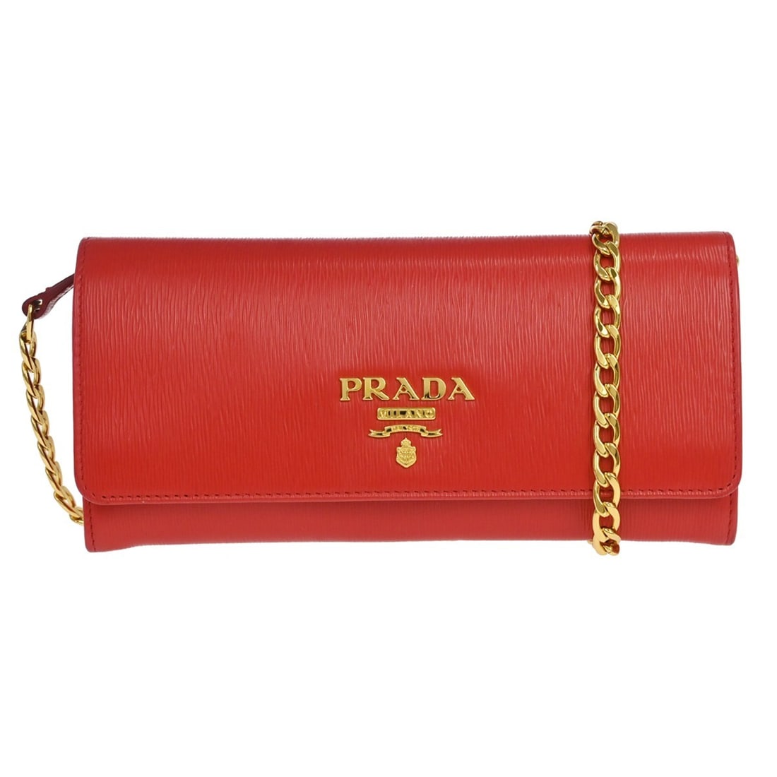PRADA WOC Chain Wallet Red Calfskin Leather Italy: PRADA WOC Chain Wallet Red Calfskin Leather Italy Prada Wallet on Chain bag in red calfskin leather, made in Italy. This women's piece features a chain strap and a practical interior and exterior pock