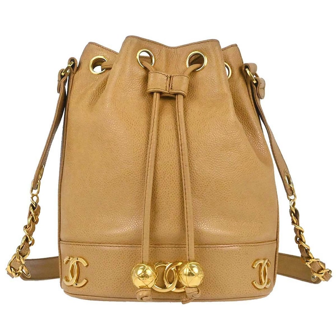 CHANEL Triple CC Drawstring Shoulder Bag Beige Caviar Skin Leather: CHANEL Triple CC Drawstring Shoulder Bag Beige Caviar Skin Leather Chanel Triple CC drawstring shoulder bag in beige caviar skin leather. This medium shoulder bag features a drawstring closure and inc