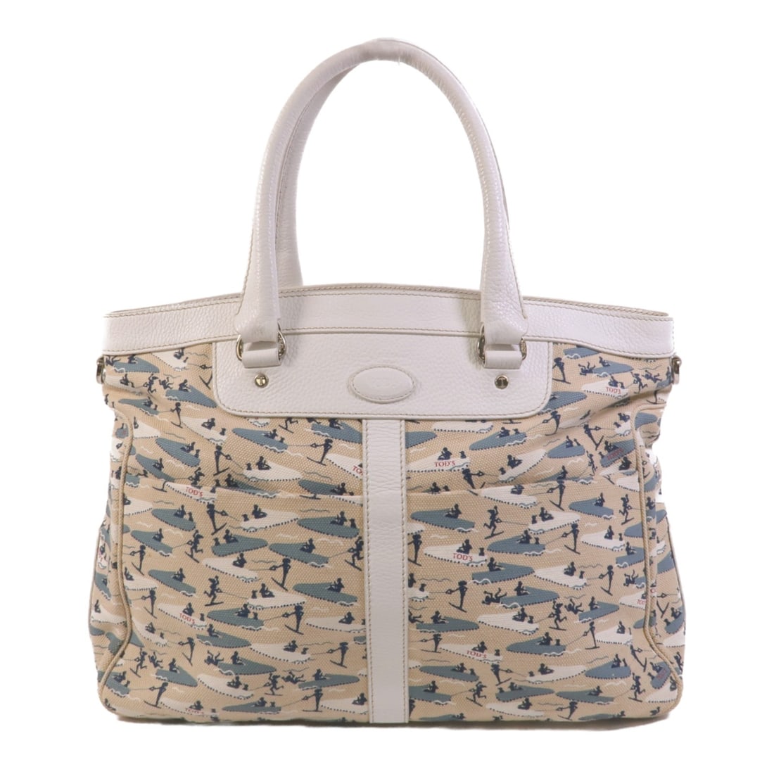 TOD'S Canvas Shoulder Bag in White and Beige: TOD'S Canvas Shoulder Bag in White and Beige TOD'S shoulder bag in canvas with a white and beige colorway. It features an inside open pocket and one inside zip pocket. The bag is in very good AB condi