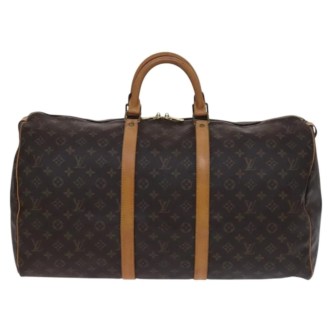 Louis Vuitton Keepall Brown Monogram Canvas Travel Bag 55cm: Louis Vuitton Keepall Brown Monogram Canvas Travel Bag 55cm This Louis Vuitton Keepall bag features the signature Monogram canvas in brown, designed for unisex use. The bag displays some signs of use,
