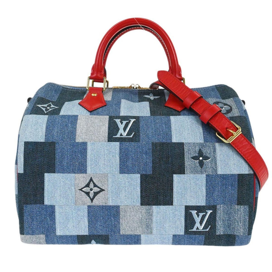 Louis Vuitton Speedy Bandouliere 30 Blue Denim Patchwork Duffle Bag M45041: Louis Vuitton Speedy Bandouliere 30 Blue Denim Patchwork Duffle Bag M45041 Louis Vuitton Speedy Bandouliere 30 in Denim Square Patchwork with a zip closure and double handles. This unisex medium