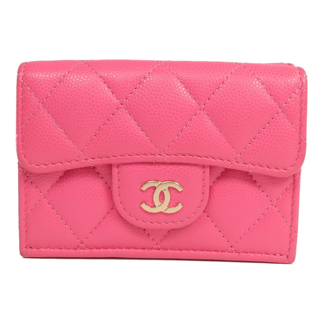 CHANEL AP0230 CC Tri Fold Wallet Pink Calfskin Leather: CHANEL AP0230 CC Tri Fold Wallet Pink Calfskin Leather CHANEL tri-fold small flap wallet in pink calfskin leather, model AP0230. It features a hook button closure and includes one wallet compartment,