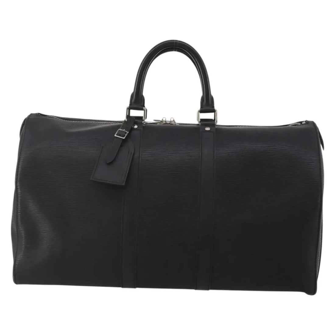 Louis Vuitton Keepall black leather travel bag: Louis Vuitton Keepall black leather travel bag Louis Vuitton Keepall in black leather with a unisex design. Made in France, this bag is presented in fair condition with visible signs of use, including