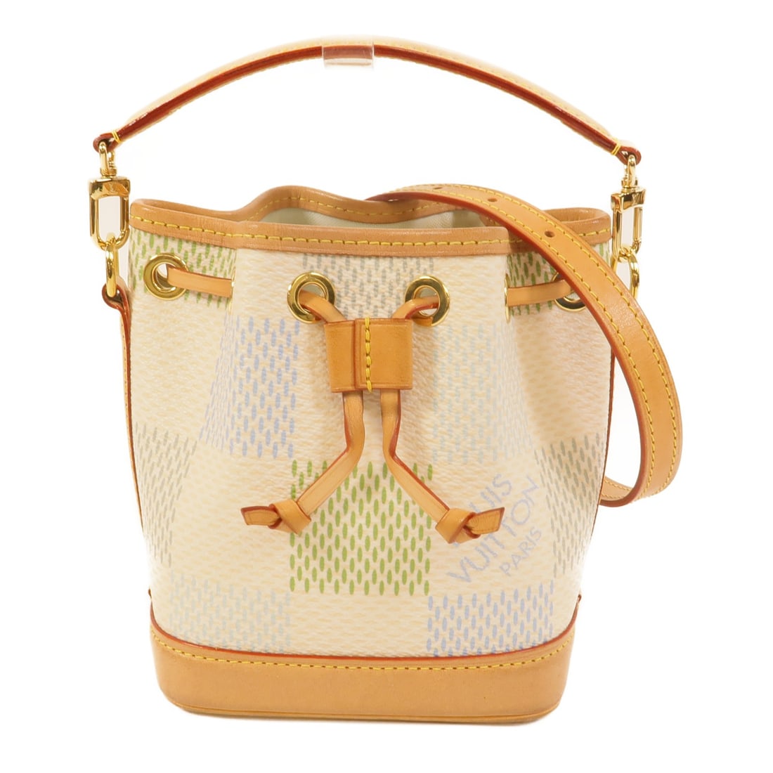 Louis Vuitton Nano Noe N40640 2 Way Shoulder Bag Damier Giant Multicolor: Louis Vuitton Nano Noe N40640 2 Way Shoulder Bag Damier Giant Multicolor A Louis Vuitton Nano Noe 2way handbag in Damier Giant multicolor with green and blue accents. It is made from PVC coated canvas