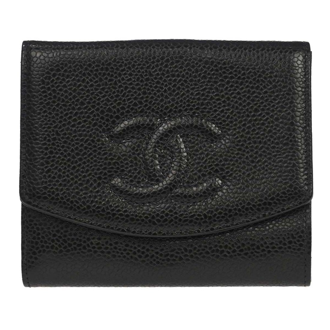 CHANEL CC bifold wallet in black caviar leather: CHANEL CC bifold wallet in black caviar leather Vintage Chanel bifold wallet in black caviar skin leather with a folded design and CC pattern. The interior includes organized storage with a bill pocke