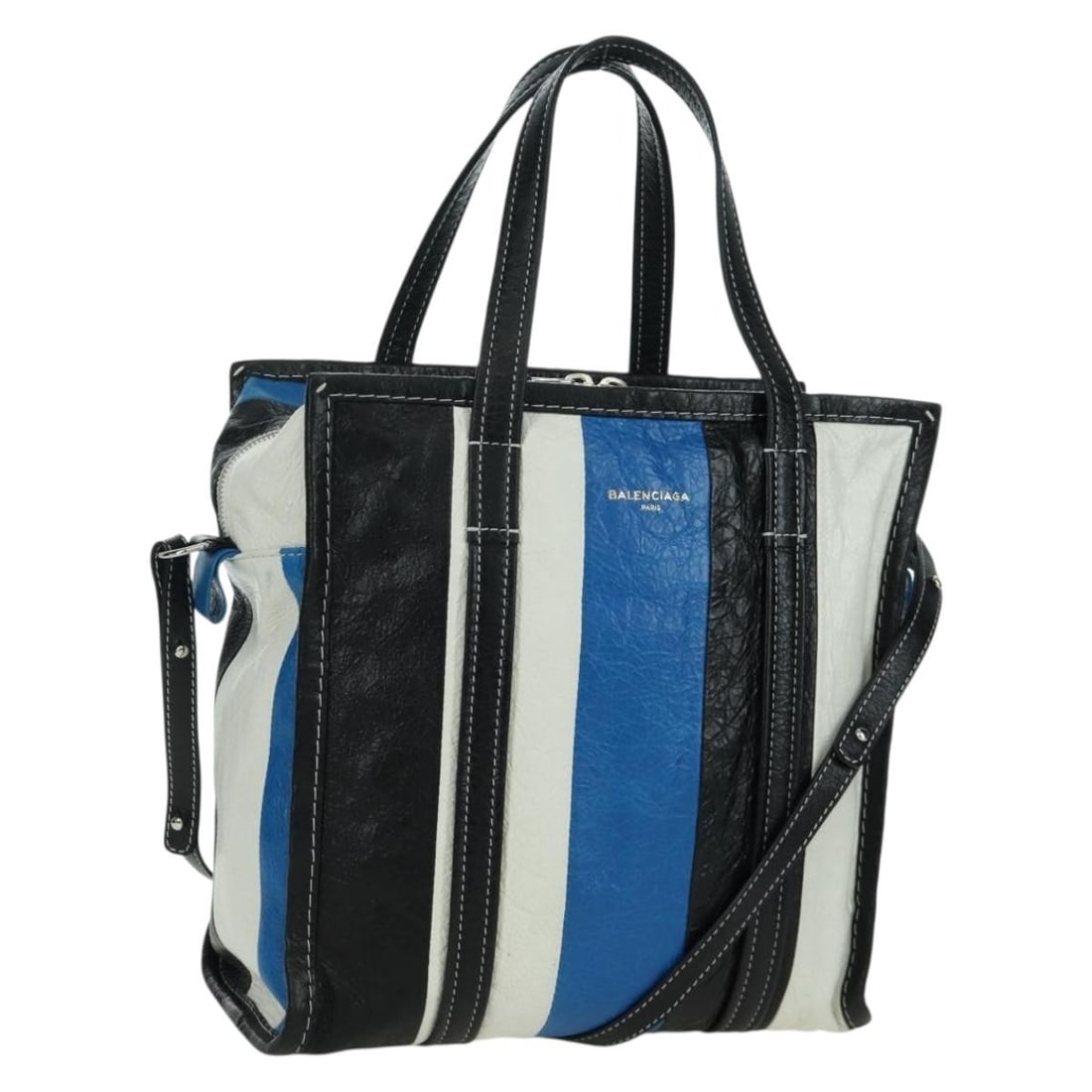Balenciaga Bazaar Shopper S Blue Silver Leather Tote with Shoulder Strap: Balenciaga Bazaar Shopper S Blue Silver Leather Tote with Shoulder Strap This Balenciaga Bazaar Shopper S Bag is crafted from blue and silver leather and features both top handles and a detachable sho