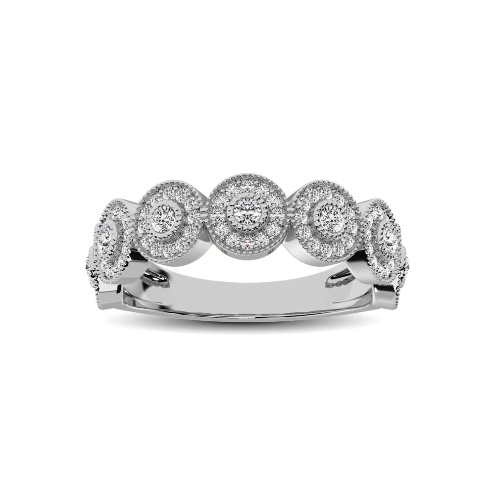 14K White Gold 1/2 Ct.Tw. Diamond Stackable Band: 14K White Gold 1/2 Ct.Tw. Diamond Stackable Band This glamorous ring is available in 14K White Gold. There are 91 round diamonds with a total carat weight of 1/2 Ct.Tw. set in a Bezel / Shared Prong s