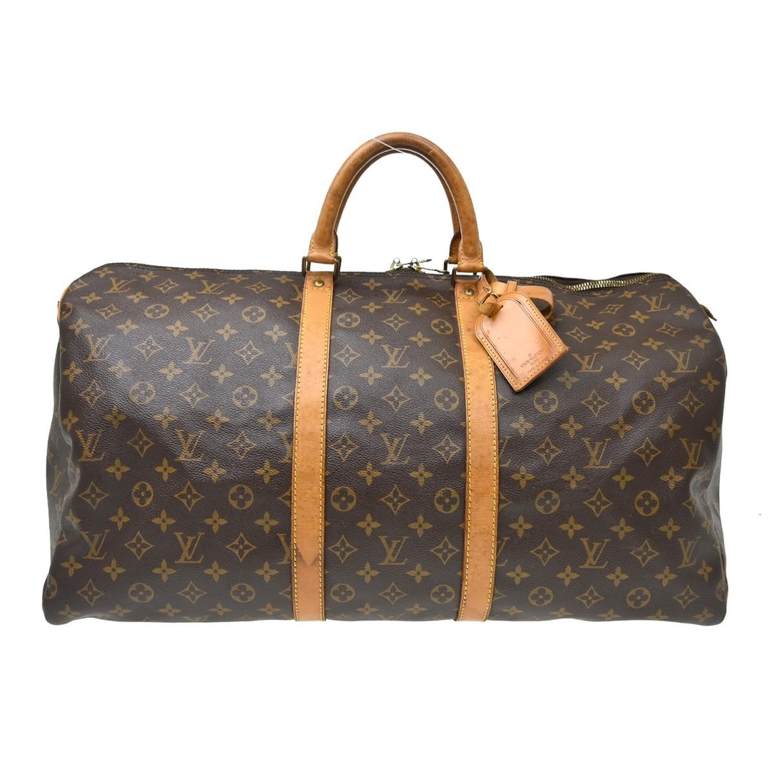 Louis Vuitton Keepall 55 Monogram Duffle Bag M41424 France: Louis Vuitton Keepall 55 Monogram Duffle Bag M41424 France Vintage Louis Vuitton Keepall 55 travel handbag in Monogram canvas and leather with double handles and zip closure. This extra large unisex d