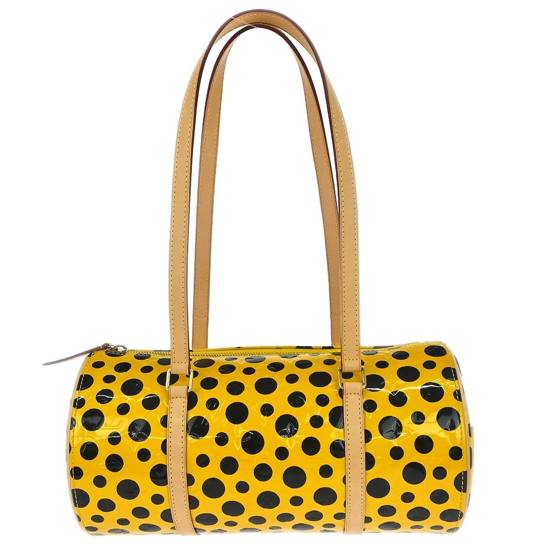 Louis Vuitton Papillon Yellow Vernis Patent Leather Top Handle Bag M91424: Louis Vuitton Papillon Yellow Vernis Patent Leather Top Handle Bag M91424 Louis Vuitton Papillon handbag in yellow Vernis Dot Infinity monogram patent leather with black accents. This women's top hand