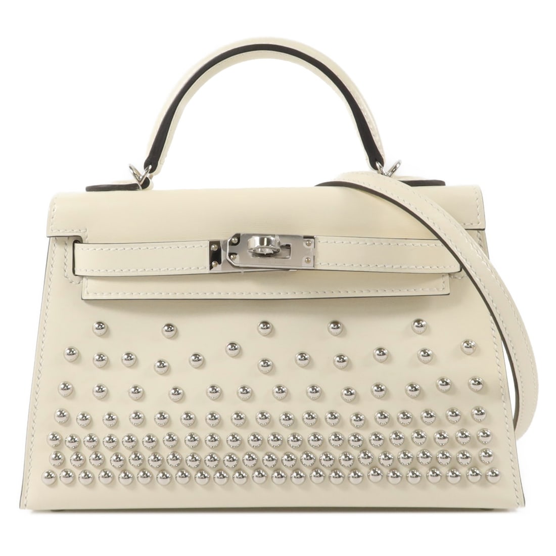 Hermes Mini Kelly II Sellier Cloute Box Calf 2Way Bag PHW Cream: Hermes Mini Kelly II Sellier Cloute Box Calf 2Way Bag PHW Cream Hermes PHW Mini Kelly II Sellier Cloute 2Way Shoulder Bag in cream. It is made from Box calf leather and calfskin (cowhide), and comes w