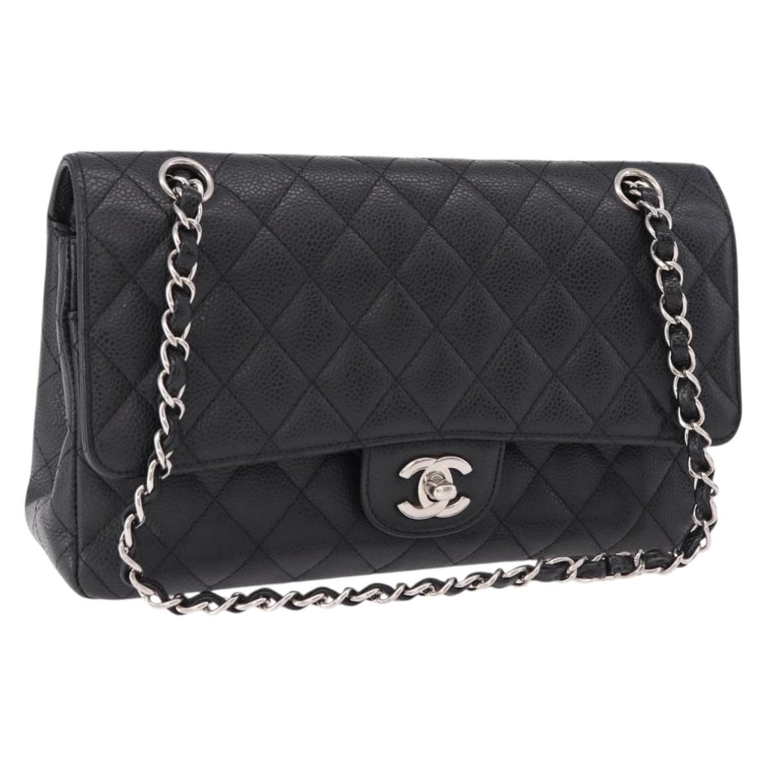 CHANEL Matelasse 25 Shoulder Bag Black Caviar Skin Silver CC: CHANEL Matelasse 25 Shoulder Bag Black Caviar Skin Silver CC CHANEL Chain Matelasse 25 shoulder bag in black caviar skin with silver-tone accents. Made in France, this women's bag features a shoulder 