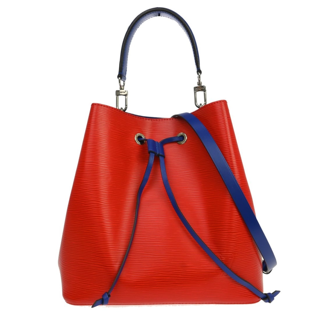 Louis Vuitton Neo Noe Red Epi Leather Bucket Bag M54365: Louis Vuitton Neo Noe Red Epi Leather Bucket Bag M54365 Louis Vuitton Neo Noe bucket handbag in red Epi leather with blue handle/strap color and blue lining. It features a drawstring closure, adjustab