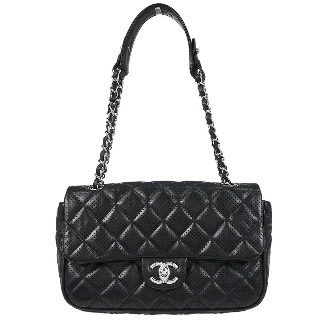 CHANEL Medium Top Handle Bag in Black Perforated Lambskin: CHANEL Medium Top Handle Bag in Black Perforated Lambskin Chanel top handle handbag in black perforated lambskin with a zip closure, logo accents, and inner storage pockets. Made in France, this mediu