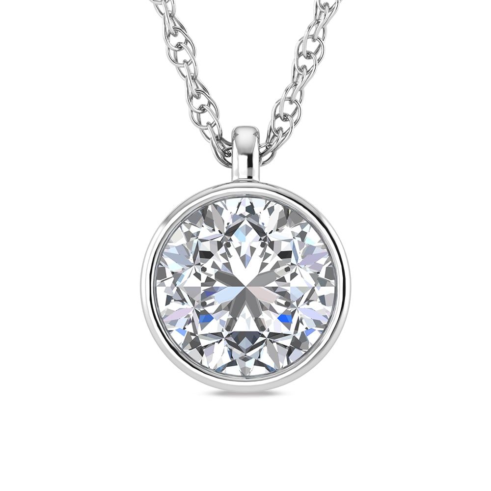 14K White Gold Lab Grown Bezel Set Lab Grown Diamond 2 ct.tw. Solitaire Pendant: 14K White Gold Lab Grown Bezel Set Lab Grown Diamond 2 ct.tw. Solitaire Pendant This 14K white gold solitaire pendant features 2 CT TW of bezel-set lab-grown diamonds. A refined, timeless design perfe
