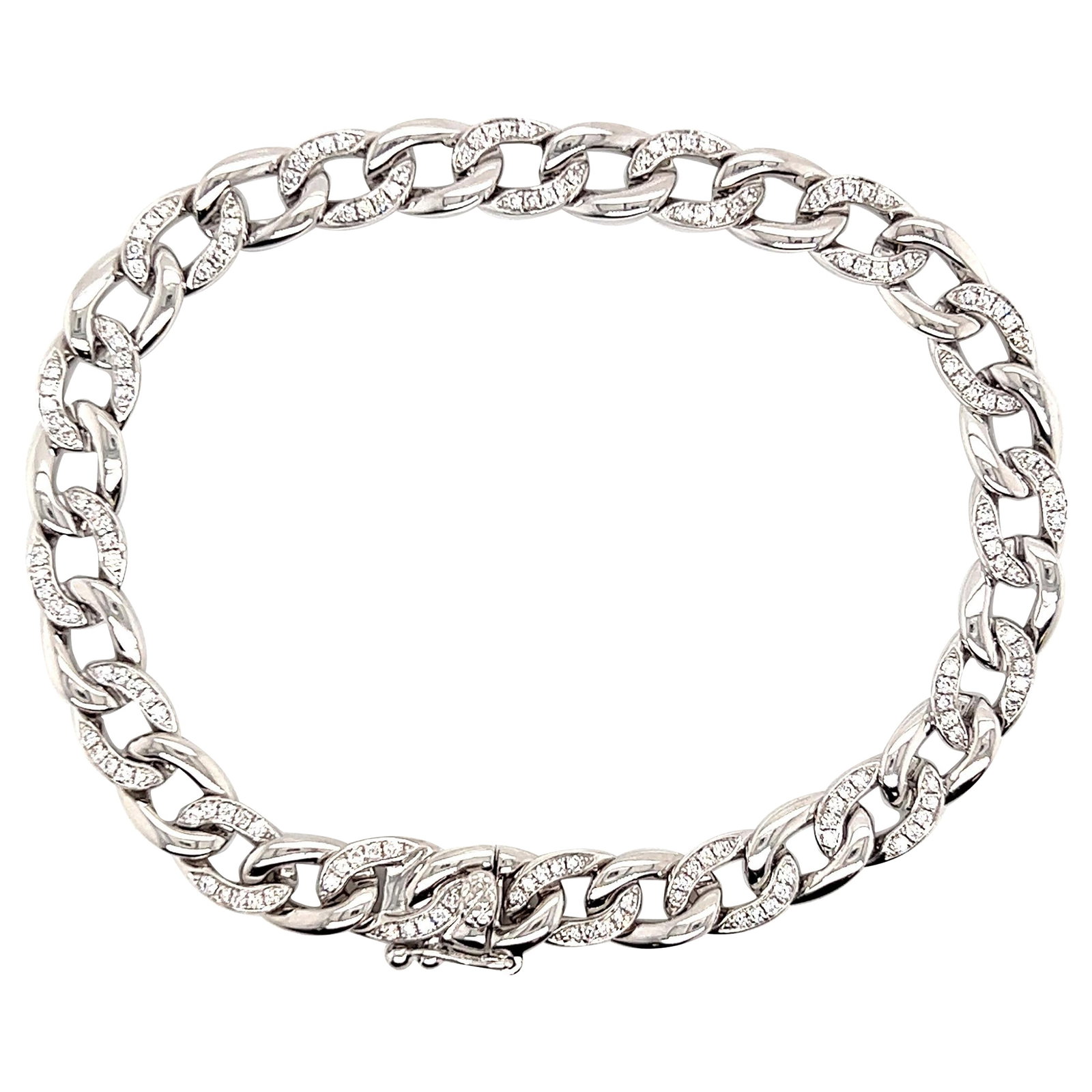 0.77ct Round Diamond Cuban Link Bracelet in 18k White Gold: 0.77ct Round Diamond Cuban Link Bracelet in 18k White Gold This stunning contemporary Cuban link bracelet showcases 0.77 carats of exquisite round-cut white diamonds, featuring a total of 160 diamonds