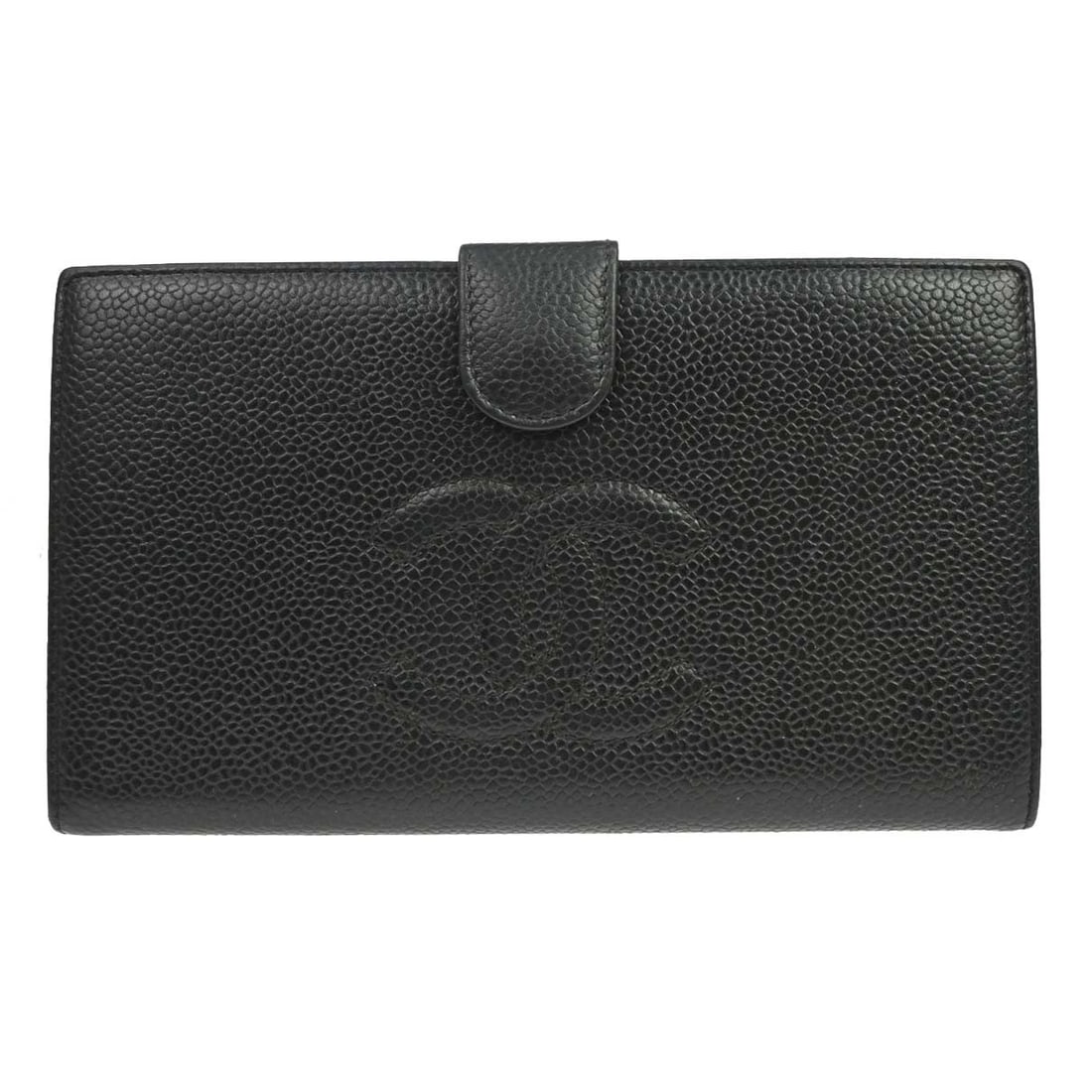 CHANEL CC Caviar Skin Leather Bifold Wallet Black: CHANEL CC Caviar Skin Leather Bifold Wallet Black Black bifold long wallet purse with a CC pattern, made from caviar skin leather. It is a women's wallet made in France and features one coin purse, si