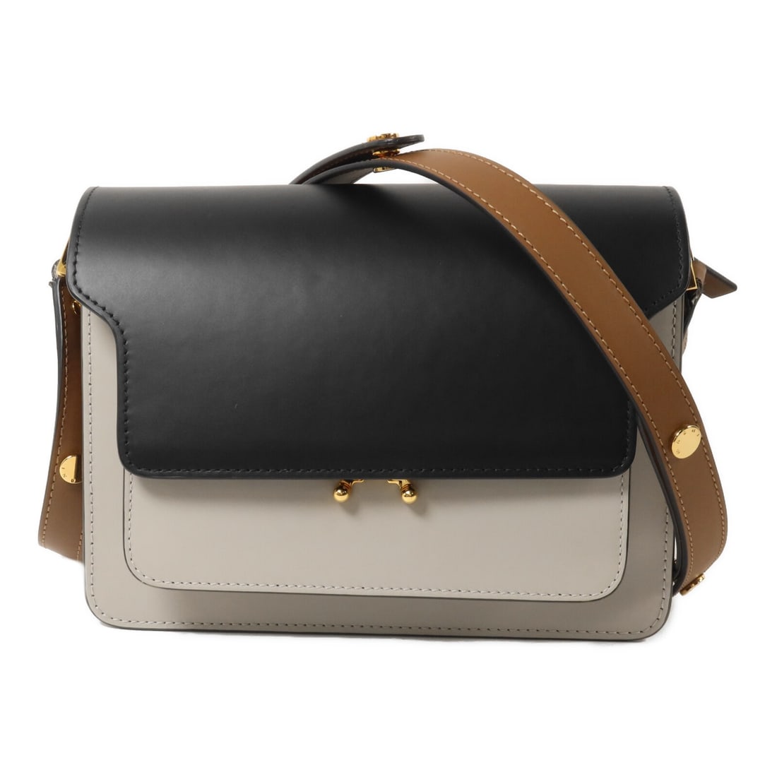 Marni Trunk calfskin shoulder bag in black gray brown: Marni Trunk calfskin shoulder bag in black gray brown A Marni Trunk shoulder bag in calfskin leather with a black, gray, and brown color combination. It features a flap closure, multiple interior open