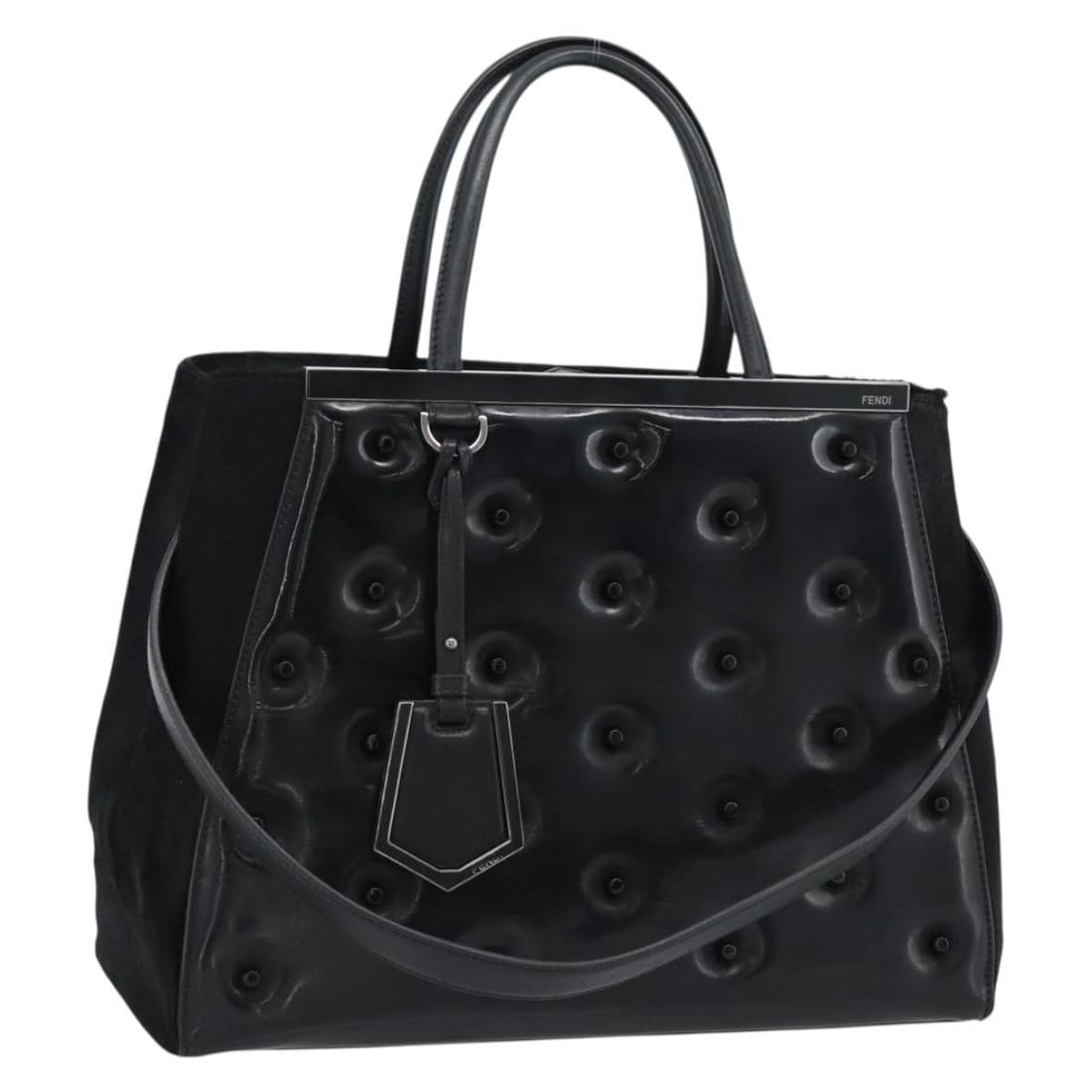 FENDI Patent Leather 2way Handbag Black Silver With Strap Charm: FENDI Patent Leather 2way Handbag Black Silver With Strap Charm Fendi hand bag in patent leather with a black and silver color scheme. It includes a shoulder strap and charm, and is made in Italy. The