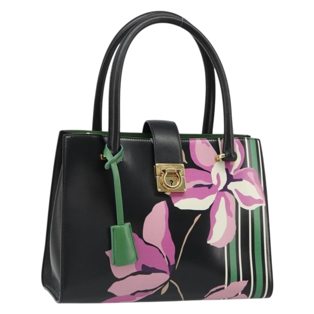 Black Leather Hand Bag Salvatore Ferragamo Gancini with Key Clochette: Black Leather Hand Bag Salvatore Ferragamo Gancini with Key Clochette Salvatore Ferragamo Gancini hand bag in black and gold leather, made in Italy. It comes with one key and a clochette. The bag is d