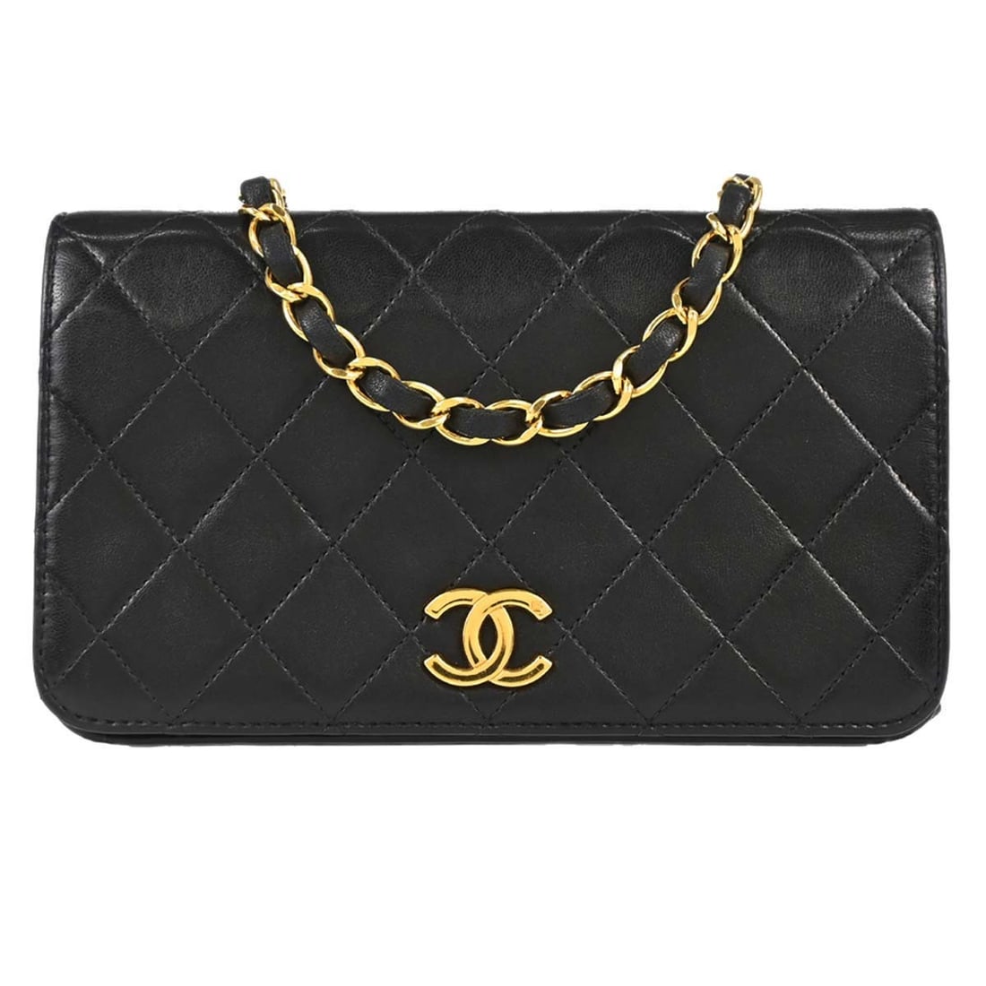 CHANEL Full Flap Mini Shoulder Bag Black Lambskin Push Lock: CHANEL Full Flap Mini Shoulder Bag Black Lambskin Push Lock Chanel Black Lambskin Pushlock Mini Full Flap Shoulder Bag in black lambskin leather with a quilted matelasse finish. It features a push loc