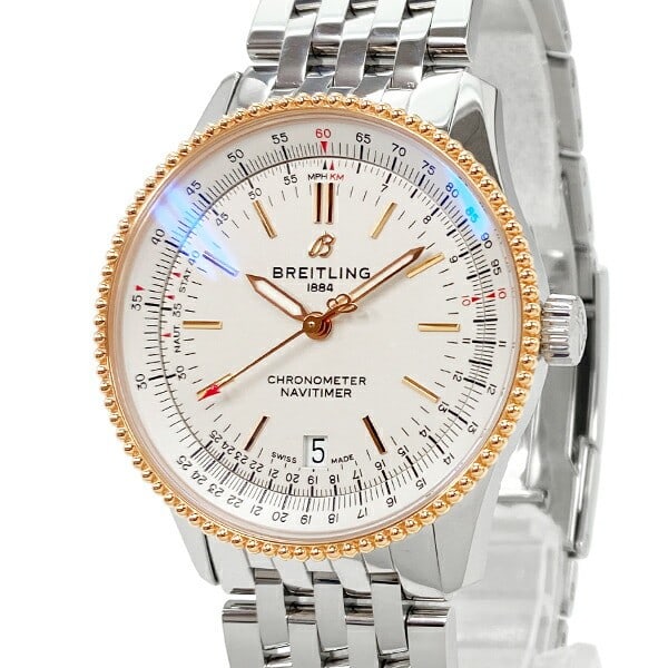 Breitling Navitimer Automatic 38 mens wristwatch steel K18 pink gold silver dial: Breitling Navitimer Automatic 38 mens wristwatch steel K18 pink gold silver dial This Breitling Navitimer Automatic 38 men's wristwatch is a pre-owned Swiss-made timepiece with an automatic movement a