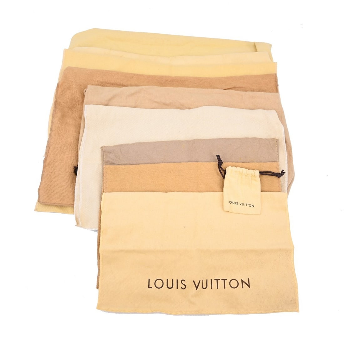 Set of 10 Louis Vuitton cotton dust bags brown beige: Set of 10 Louis Vuitton cotton dust bags brown beige Set of 10 Louis Vuitton dust bags in brown and beige cotton. These unisex dustbags show overall signs of use with reasonable wear and tear. Sizes v