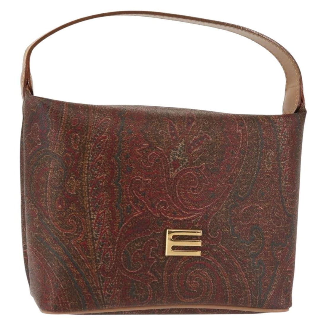 ETRO Paisley Hand Bag PVC Leather Brown Gold Auth Italy: ETRO Paisley Hand Bag PVC Leather Brown Gold Auth Italy This exquisite ETRO paisley handbag is crafted from durable PVC leather in a stylish brown and gold color scheme. Designed in Italy, this bag fe