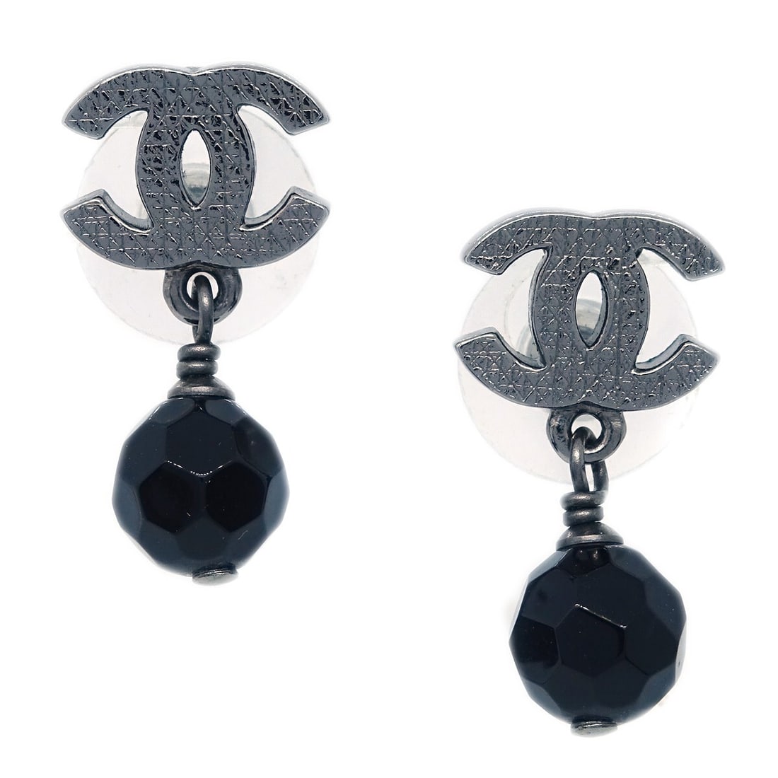 CHANEL A12V Silver Plated Dangle Pierced Earrings: CHANEL A12V Silver Plated Dangle Pierced Earrings Silver-tone Chanel dangle pierced earrings with a screw-back closure. Made in France, this pair is crafted in silver-plated metal with acrylic accents