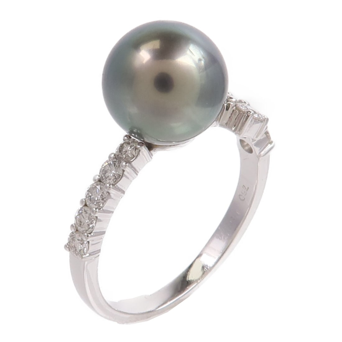 18K White Gold Pearl Diamond Ring Gray Clear Size 7.5: 18K White Gold Pearl Diamond Ring Gray Clear Size 7.5 Pearl and diamond ring in 18K white gold, sized US 7.5. The ring features a gray and clear color combination, with a 2 mm ring width and a 9 mm x 